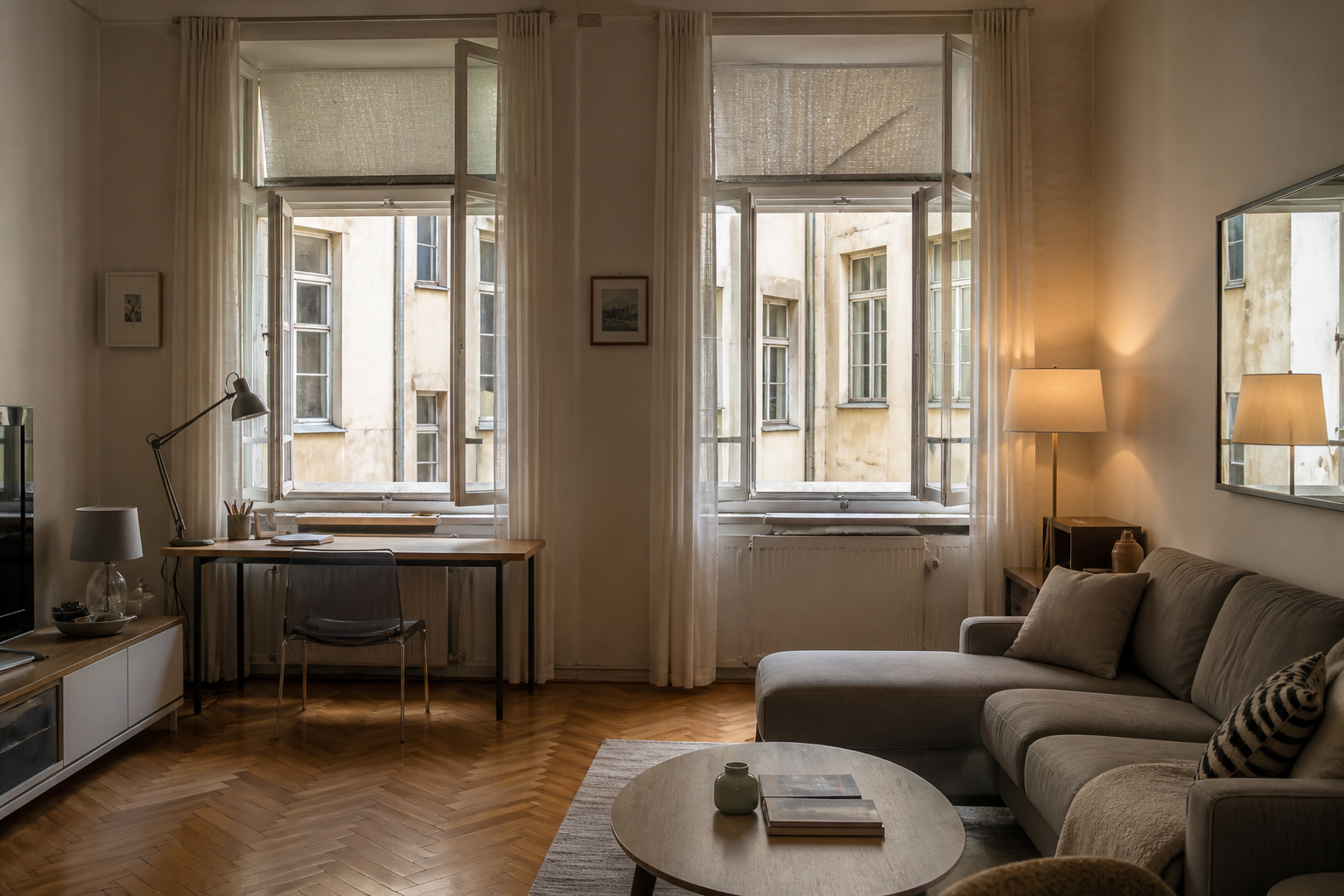 Apartament cu ferestre spre curtea interioară: lumină, intimitate și aerisire