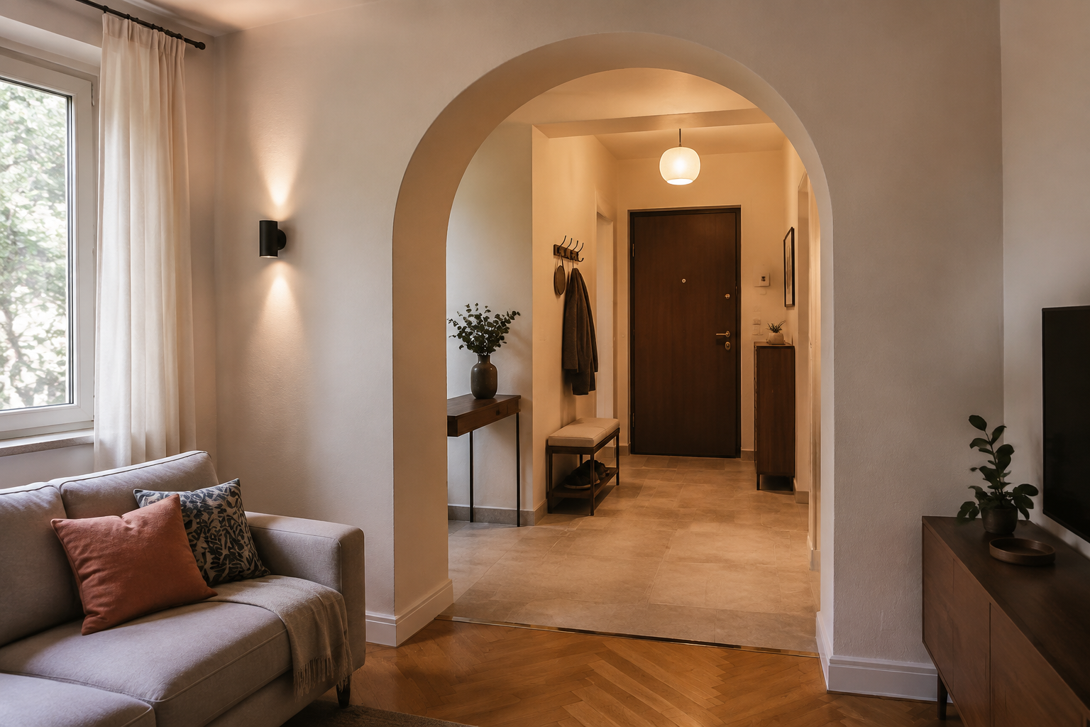 Arcadă între living și hol: mobilier, lumină și finisaje