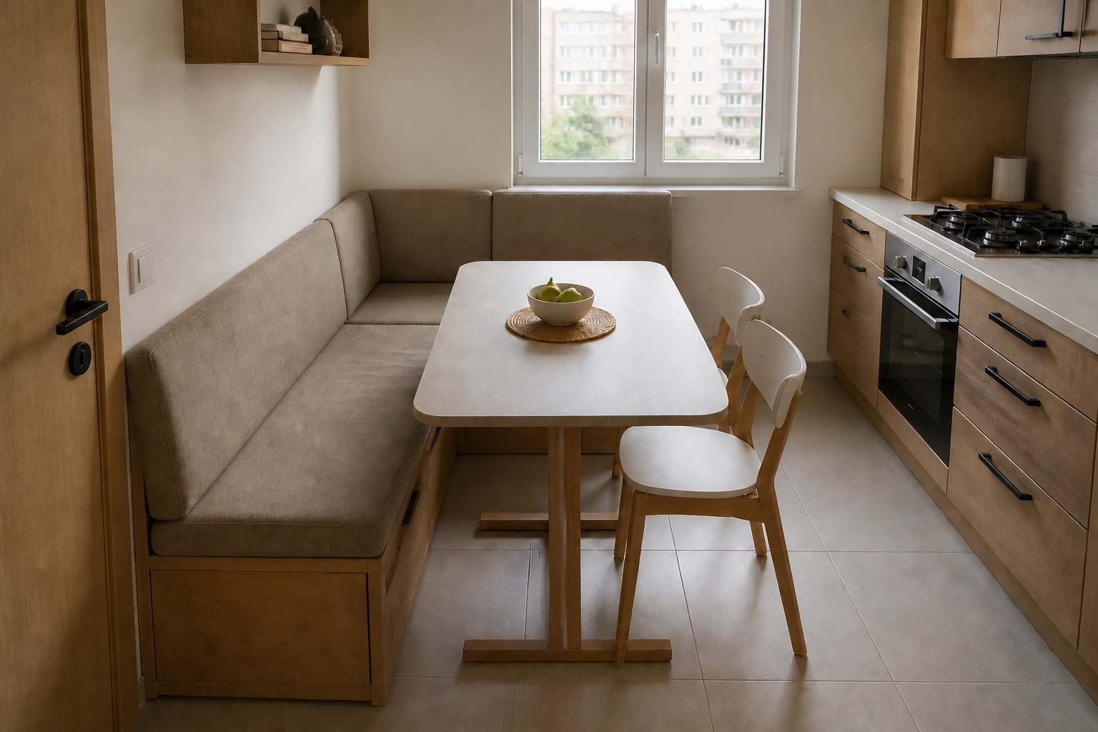 Banchetă de dining într-o bucătărie mică: dimensiuni, masă și acces