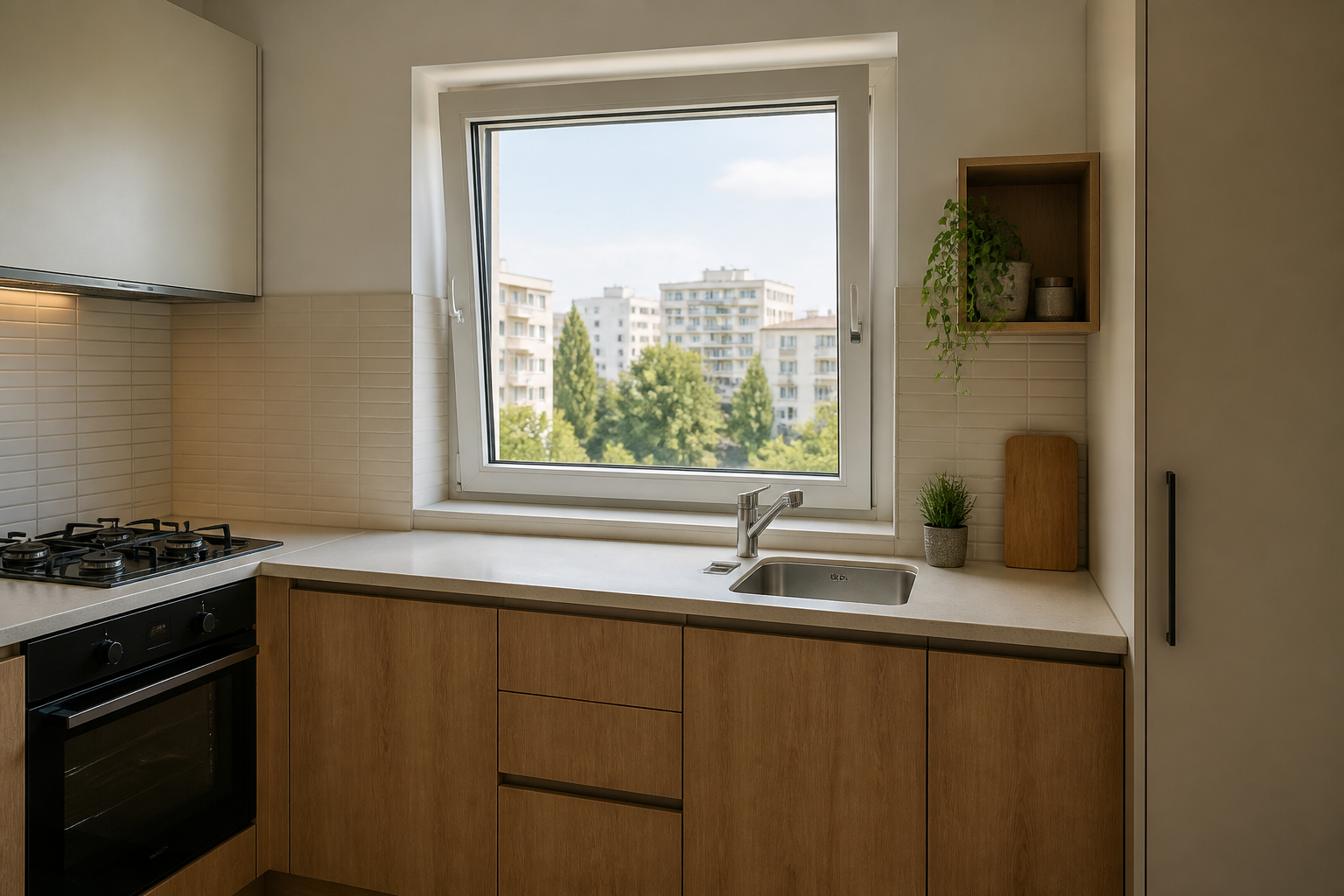 Bucătărie cu fereastră deasupra blatului: mobilier, baterie și lumină