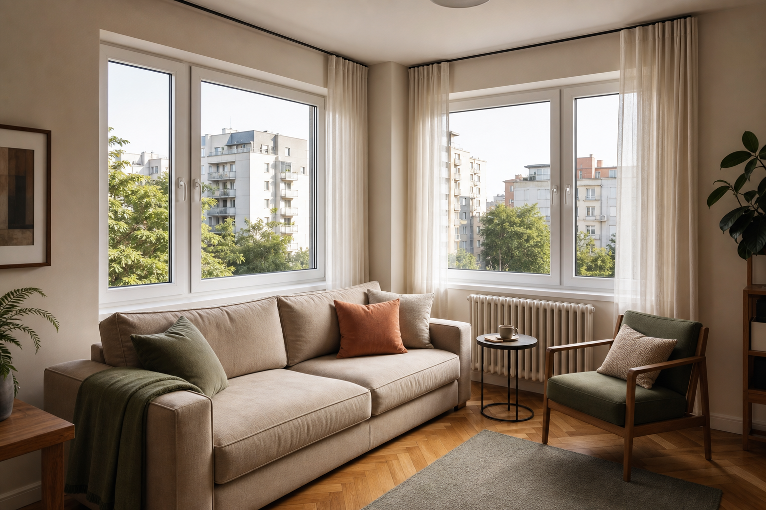 Amenajare cameră cu fereastră de colț: mobilier, perdele și lumină