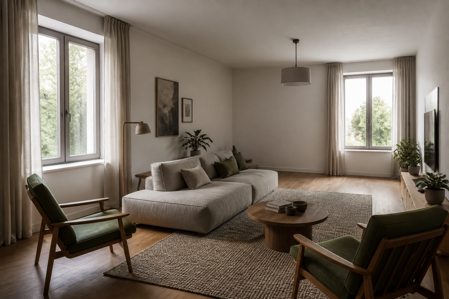 Amenajare cameră cu ferestre pe pereți opuși: mobilier, lumină și aerisire