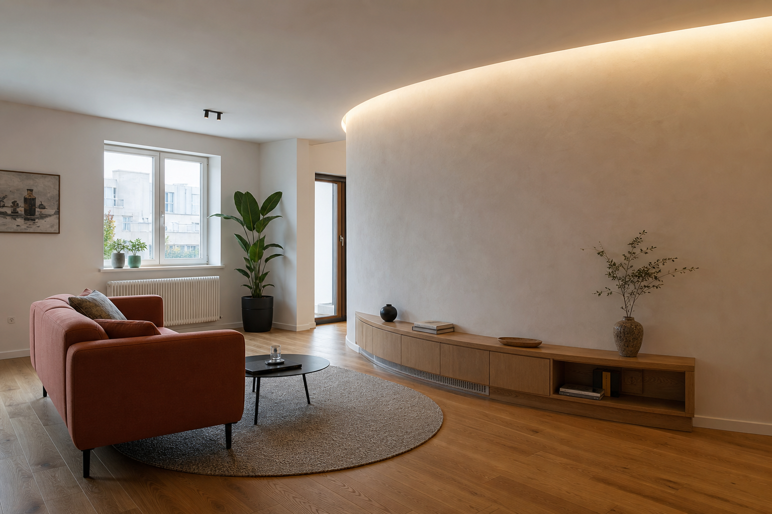 Amenajare cameră cu perete curbat: mobilier, lumină și finisaje