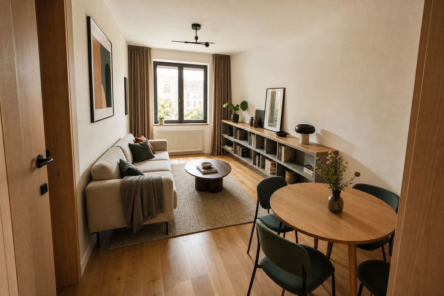 Living trapezoidal cu mobilier așezat pe o axă clară și bibliotecă adaptată peretelui oblic