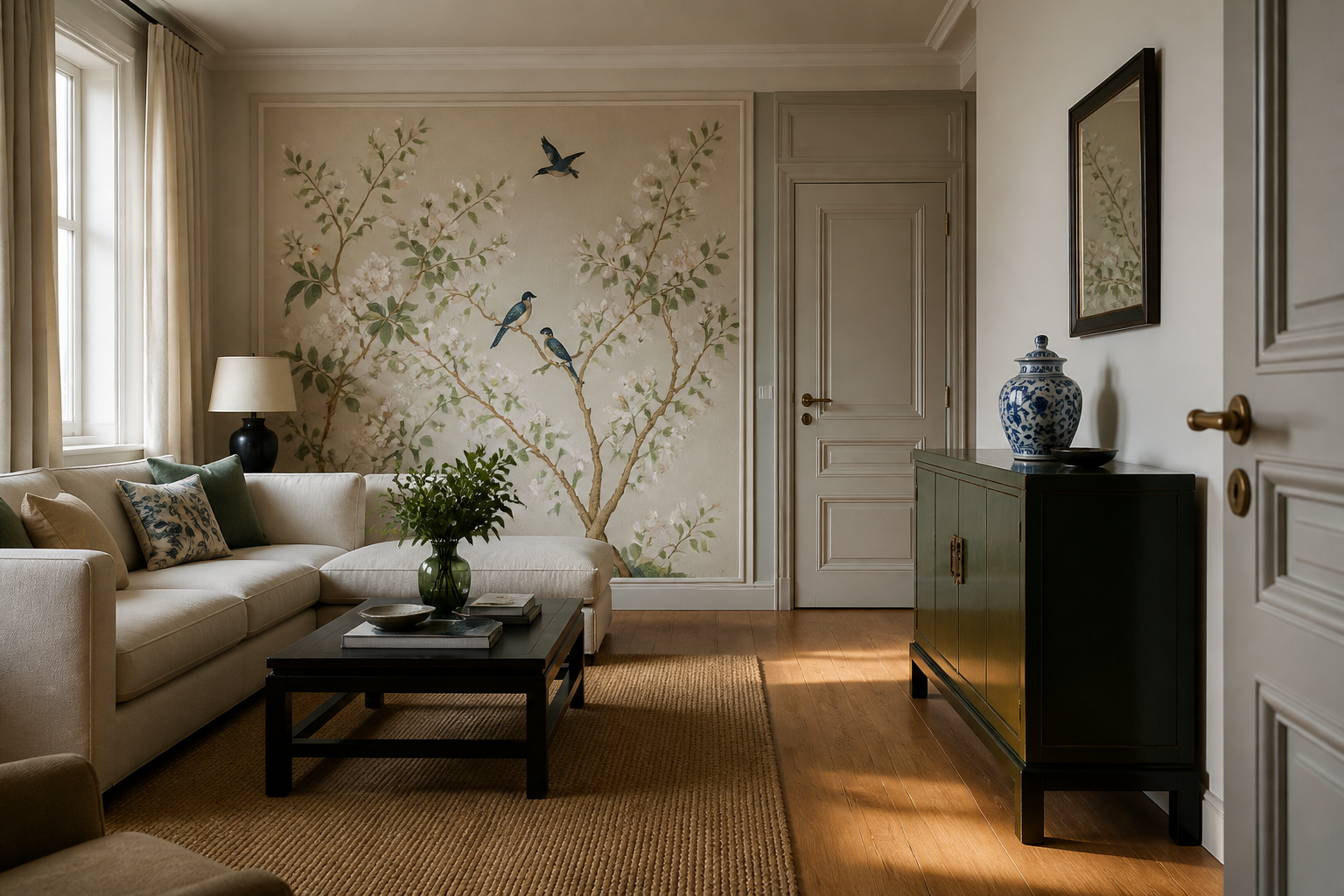 Chinoiserie în amenajări: tapet, mobilier lăcuit și porțelan