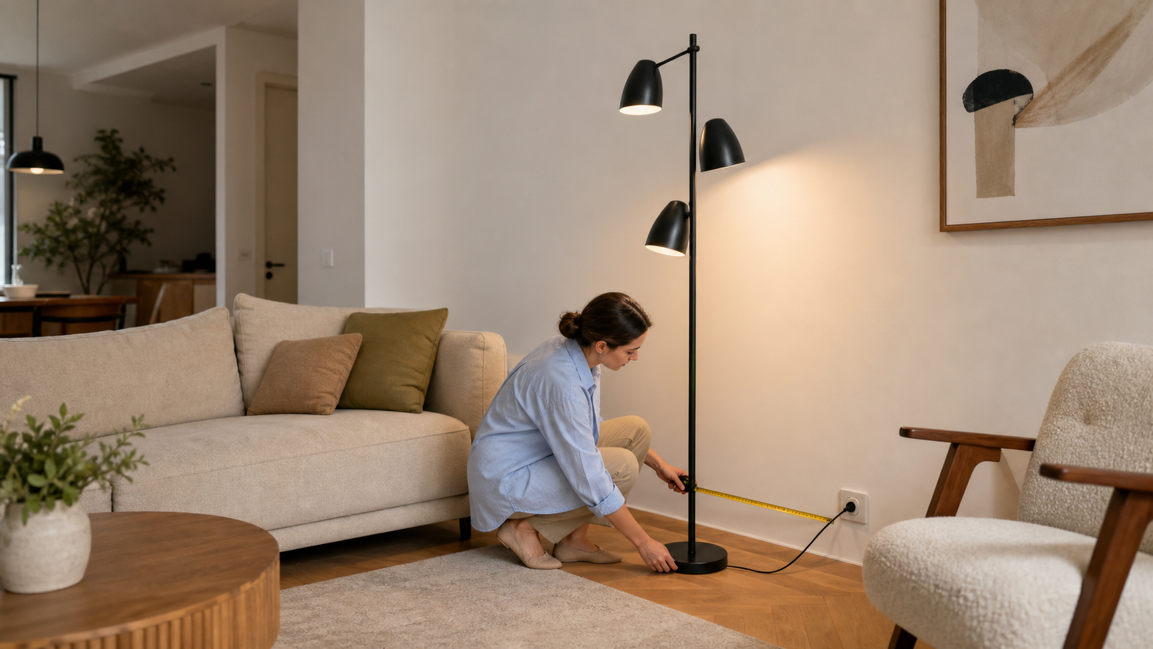 Persoană care măsoară poziția unui lampadar negru într-un living