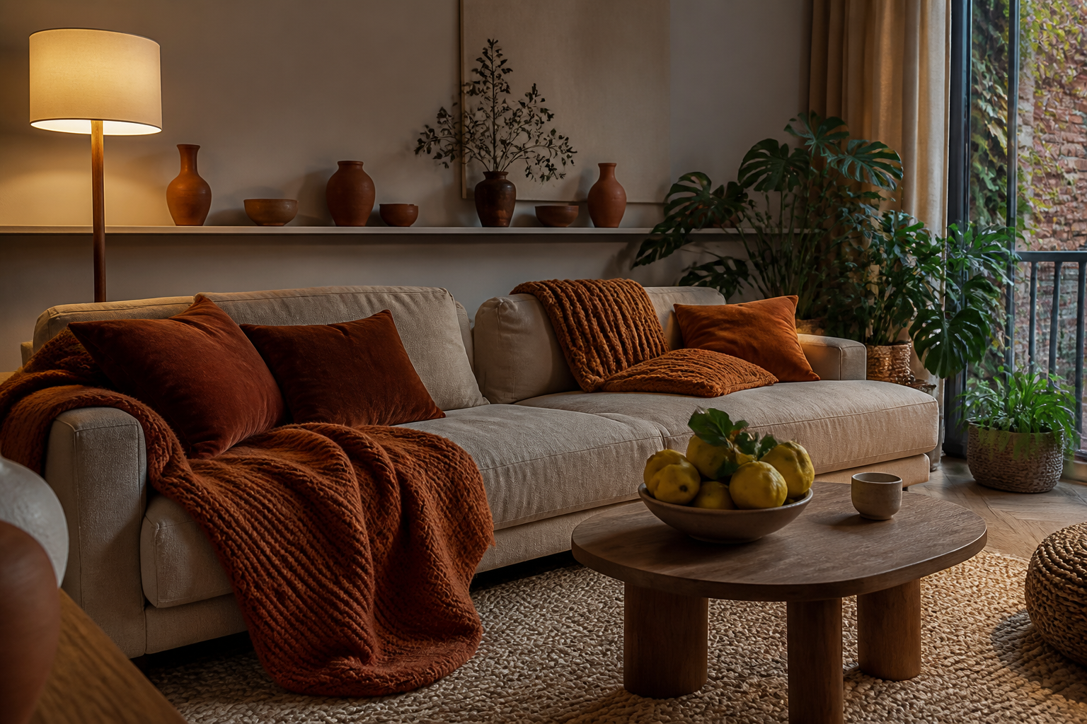 Living pregătit pentru toamnă cu textile calde și lumină ambientală