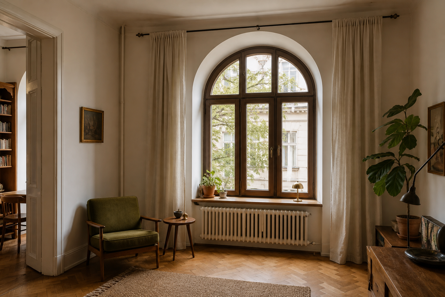 Apartament cu ferestre arcuite: perdele, mobilier și lumină