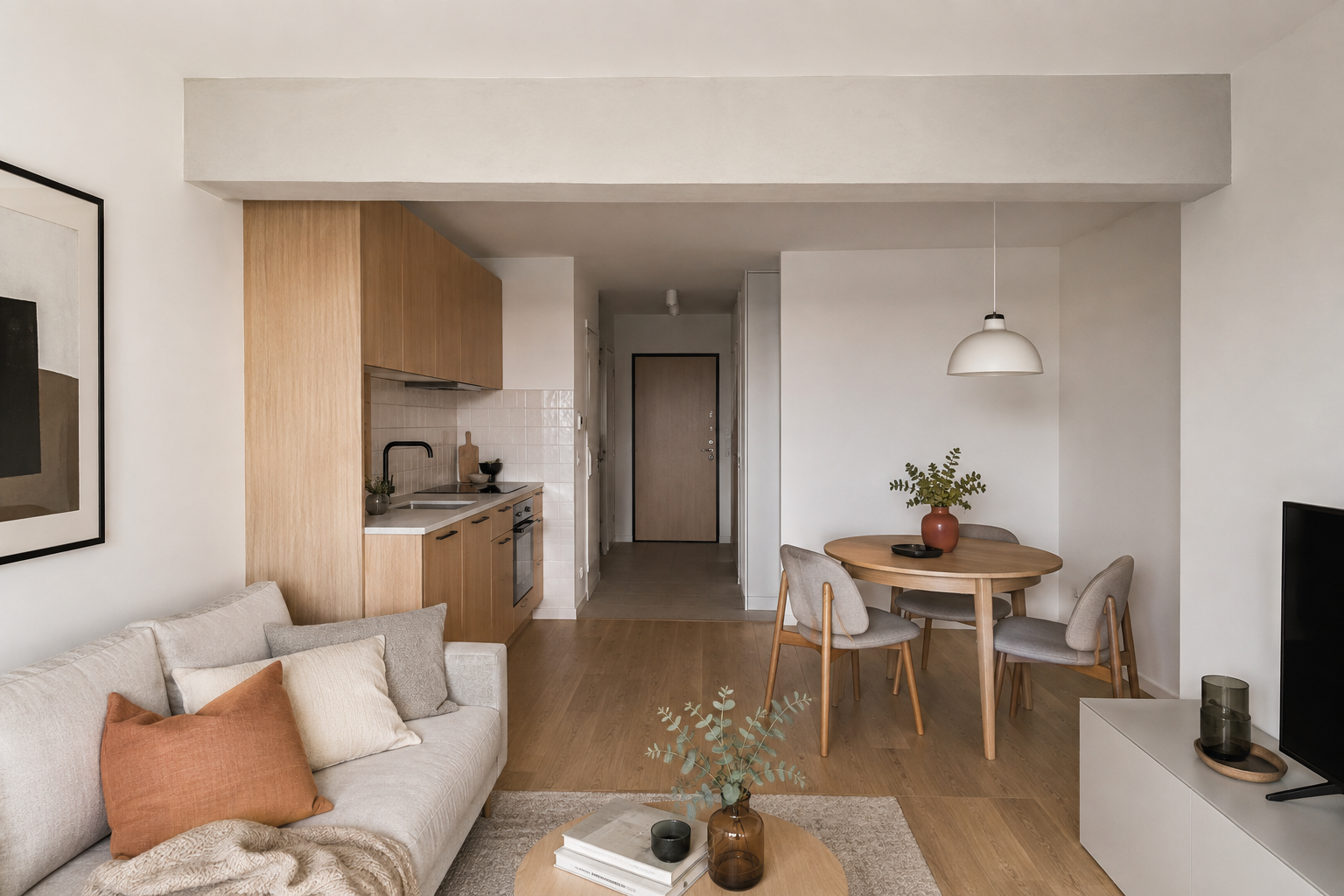 Grindă joasă între living și bucătărie: mobilier, lumină și finisaje