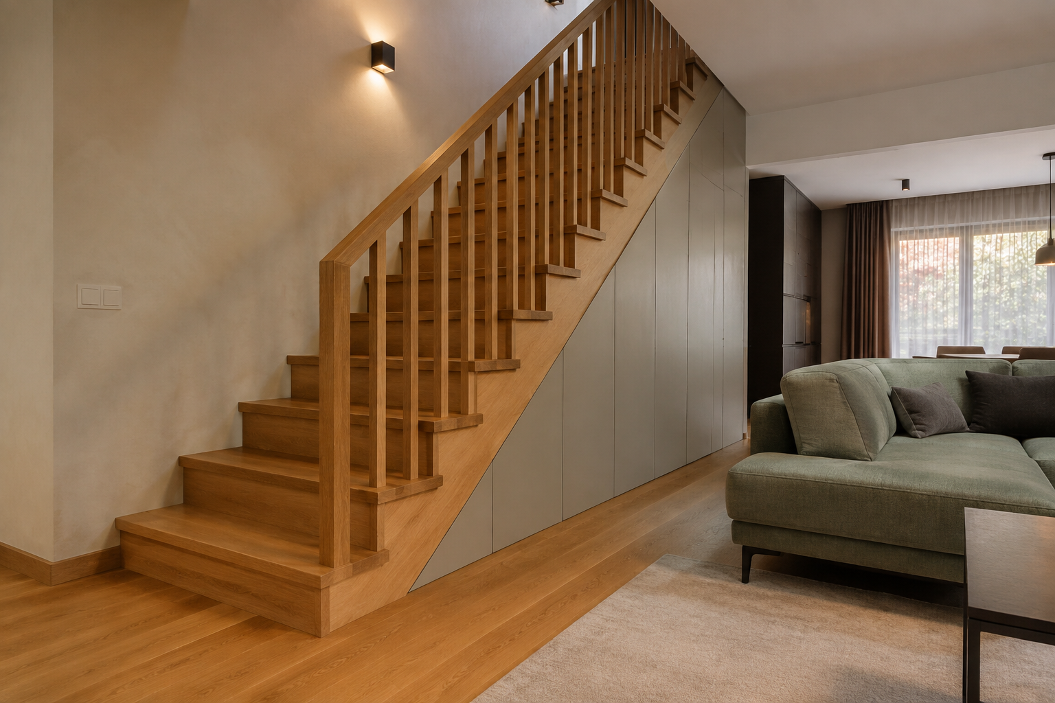 Living cu scară interioară: mobilier, lumină și siguranță