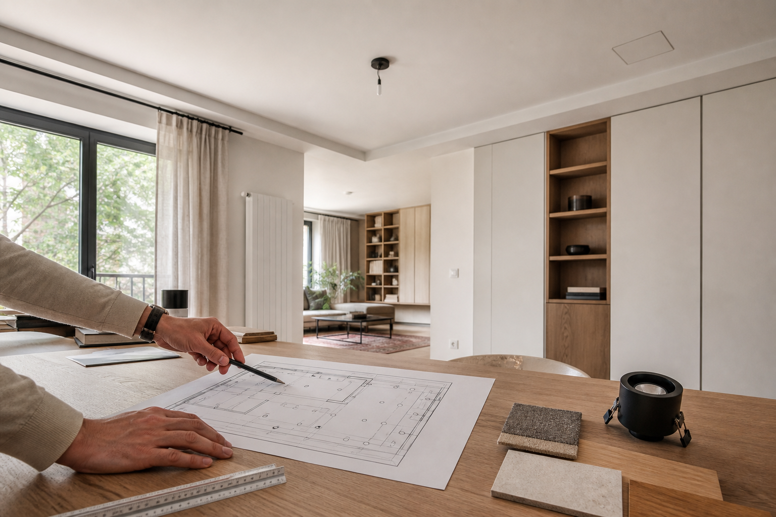 Plan de tavane verificat într-un apartament împreună cu mostre și un corp de iluminat