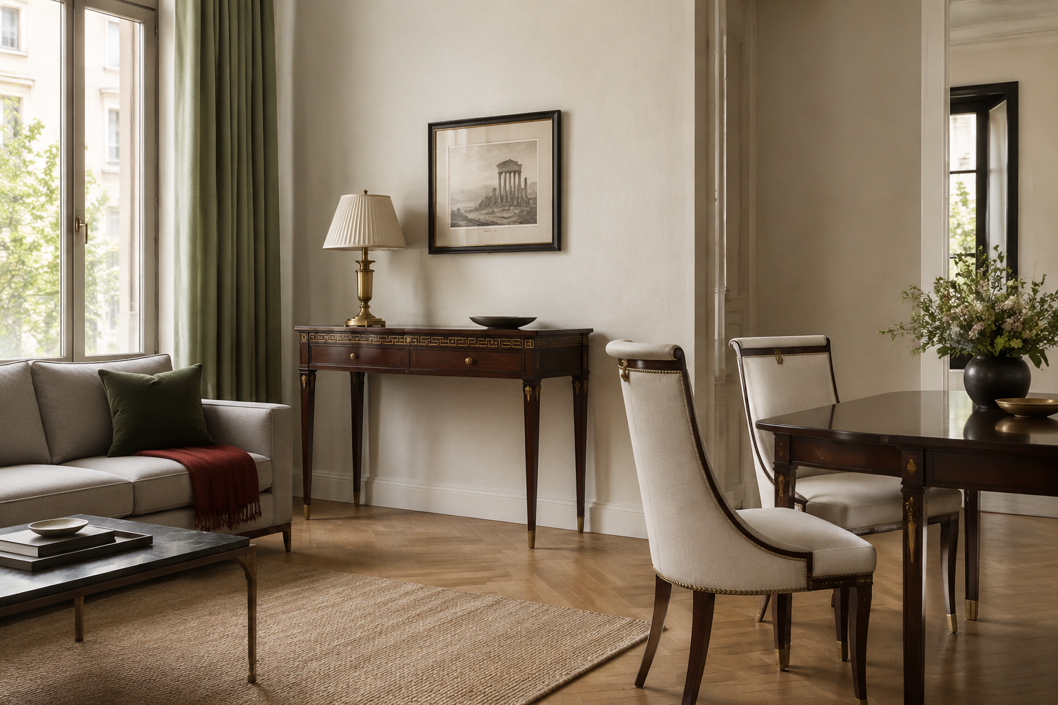 Living actual cu mobilier suplu din lemn închis și influențe Directoire discrete