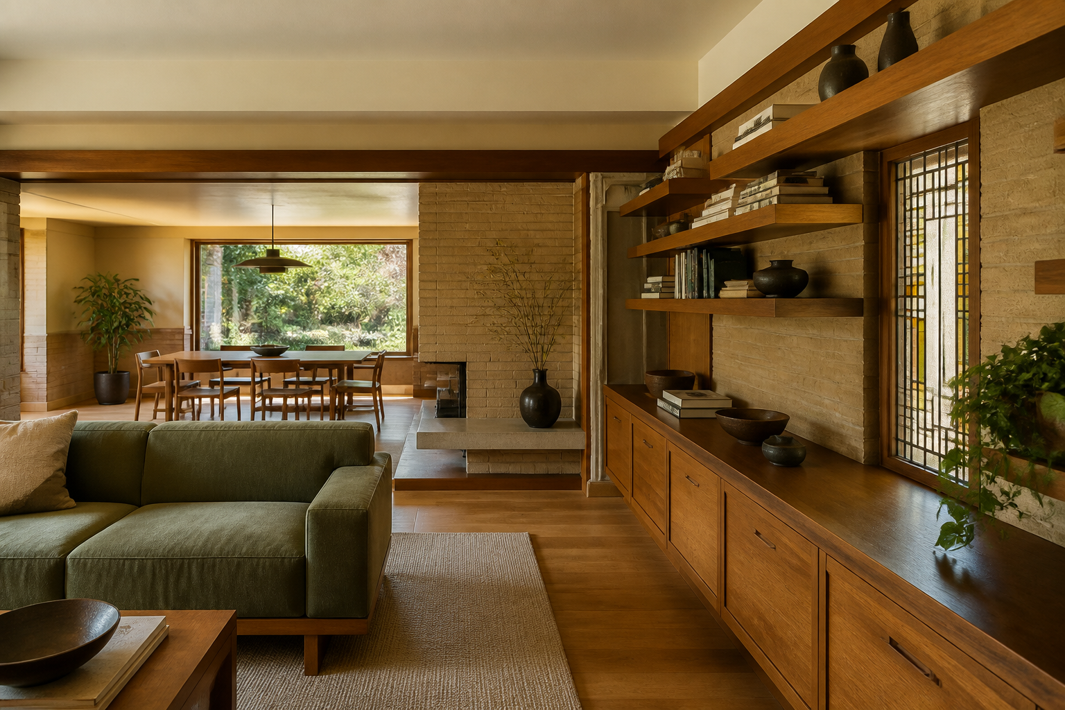 Living actual cu mobilier jos din lemn, cărămidă și sticlă geometrică inspirate de stilul Prairie