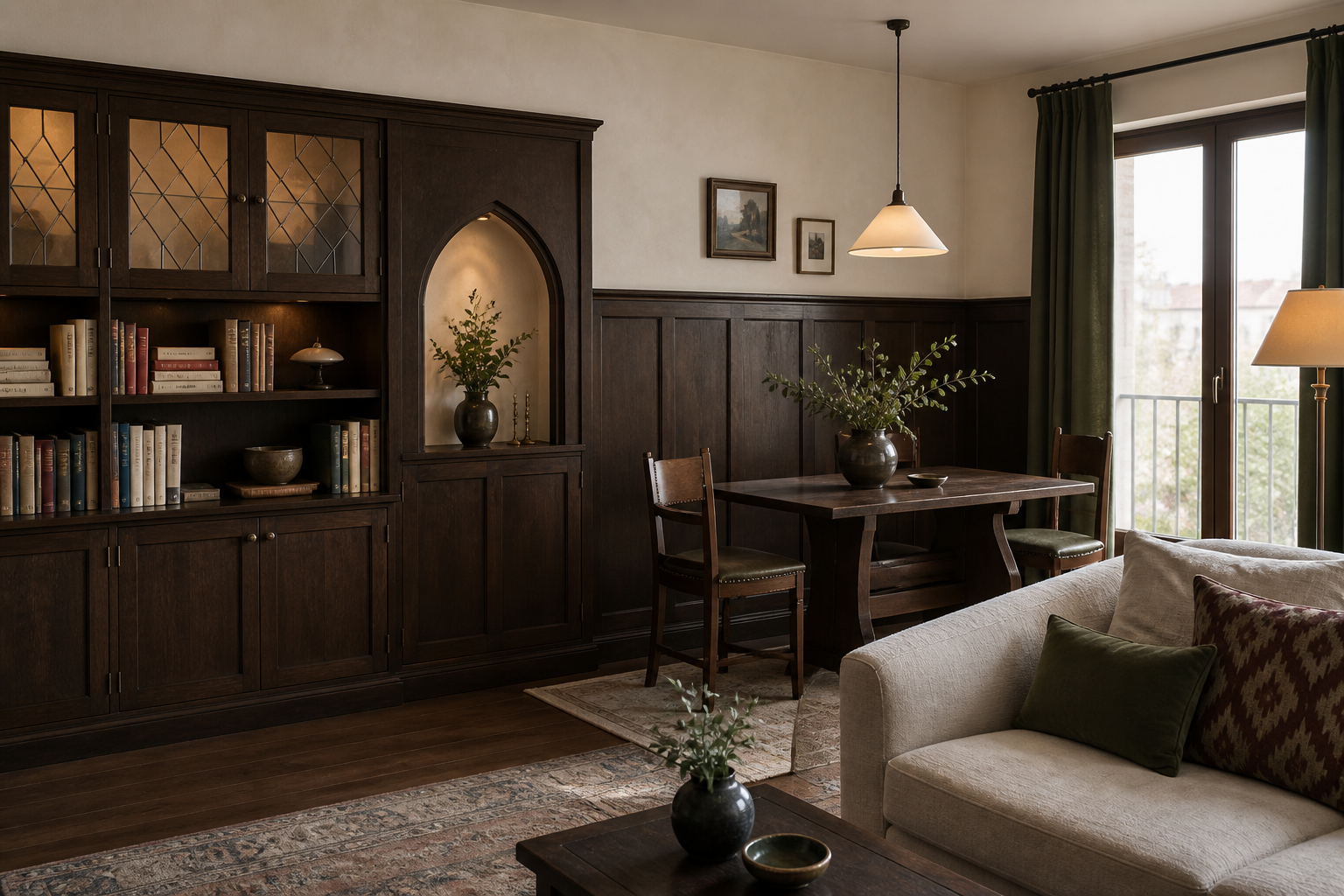 Living actual inspirat de Tudor Revival, cu panouri din stejar, sticlă compartimentată și textile mate