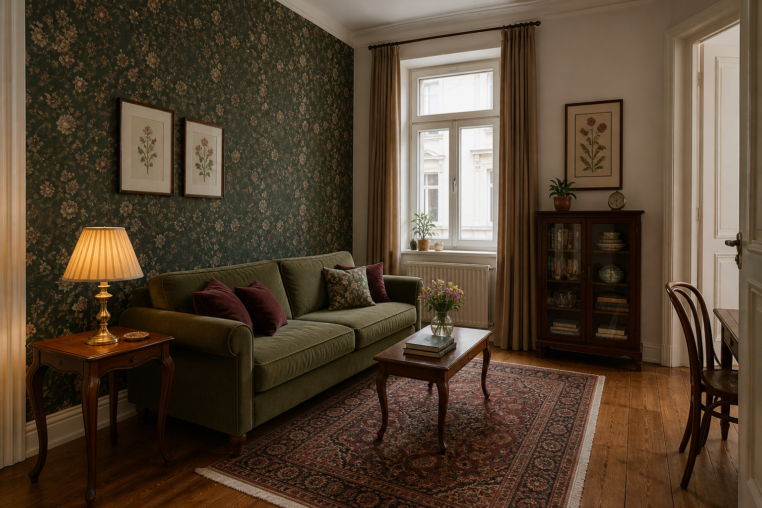 Living de apartament cu tapet verde, mobilier din lemn și textile inspirate de stilul victorian