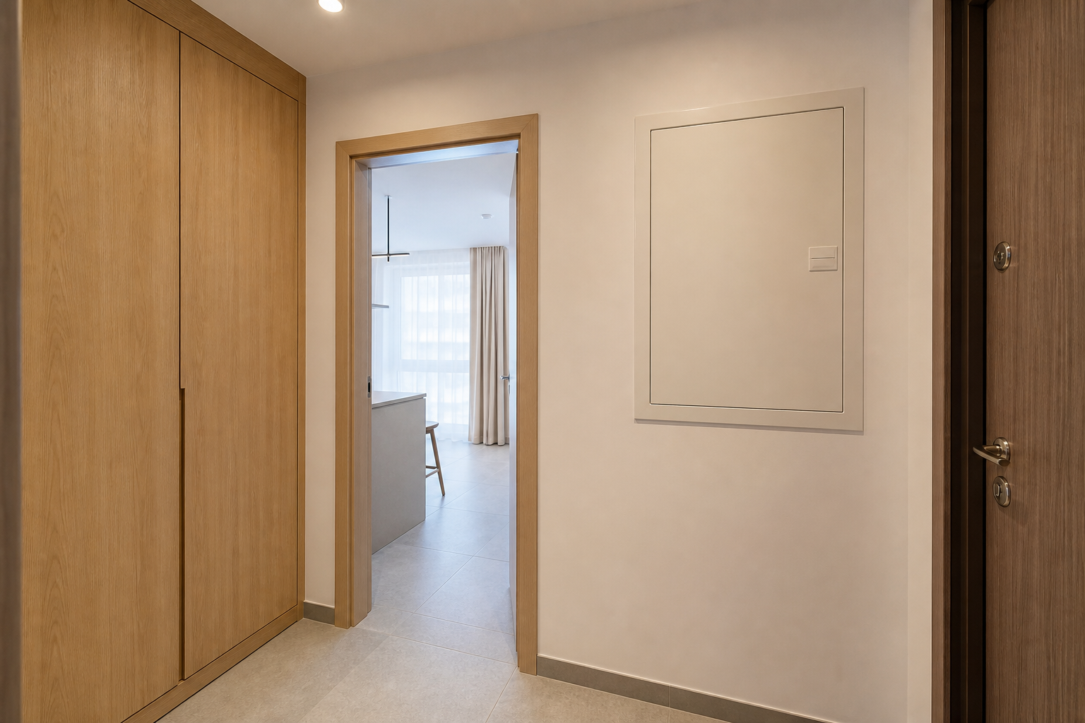 Hol de apartament cu tabloul electric integrat discret și accesibil