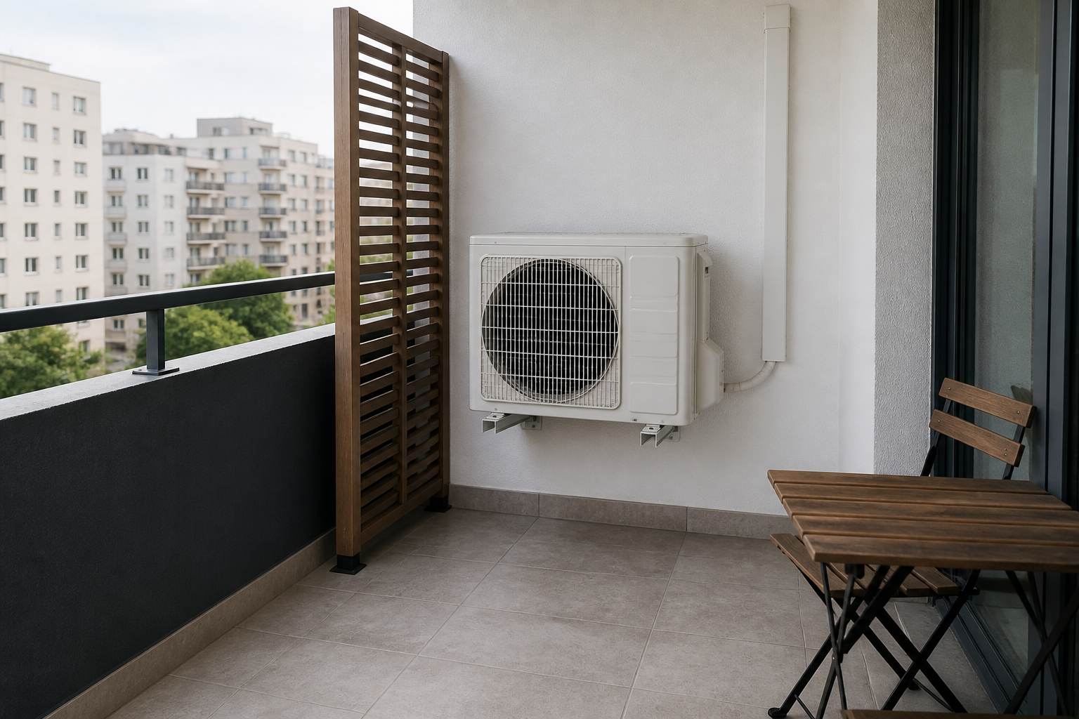 Unitate exterioară de aer condiționat pe balcon: aer, acces și mască