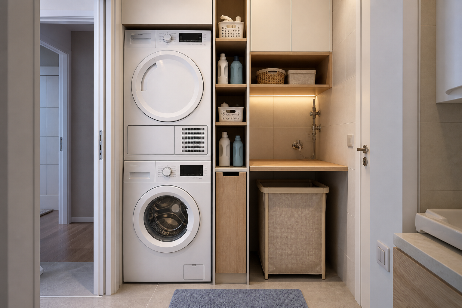Zonă de spălătorie într-un apartament mic: mașină, uscător și depozitare